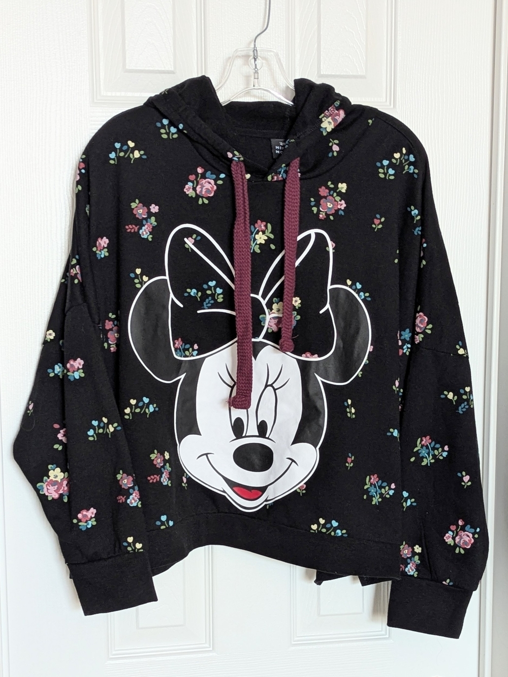 Disney Minnie Mouse Womens (2XL) Floral Hoodie Sweatshirt w/Burgundy Drawstrings